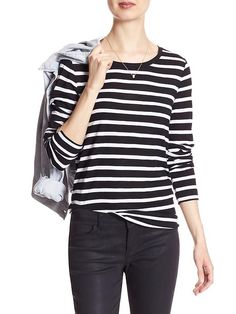 Stripes Striped Long Sleeve Stretch T-shirt, Striped Long Sleeve T-shirt For Fall, Trendy Striped Long Sleeve T-shirt, Striped Long Sleeve Relaxed Fit T-shirt, Stretch Striped Long Sleeve T-shirt, Striped Cotton Top With Shirttail Hem, Striped Crew Neck Top For Fall, Fall Striped Crew Neck Top, Striped Long Sleeve Tee