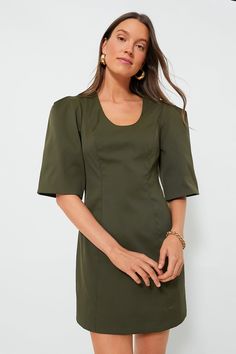 Olive Twill Ariella Dress Green Workwear Dress With Pleated Sleeves, Green Pleated Sleeve Dress For Work, Mini Length Pleated Sleeve Dress For Brunch, Mini Dress With Pleated Sleeves For Brunch, Mini Length Dresses With Pleated Sleeves For Brunch, Brunch Mini Dress With Pleated Sleeves, Elegant Green Puff Sleeve Dress For Brunch, Green Mini Dress With Straight Neckline For Brunch, Cocktail Mini Dress With Gathered Sleeves And Midi Length