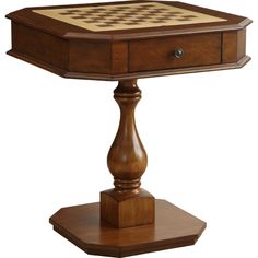 a wooden table with a checkerboard top on it's legs and base