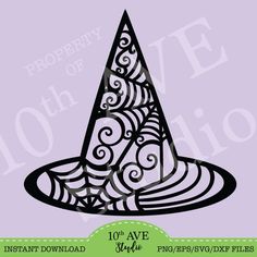 a black and white image of a witches hat with swirls on the top, in front of a purple background