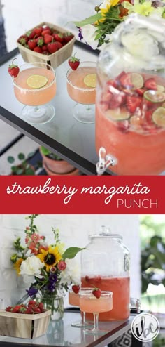 strawberry margarita punch with fresh strawberries in the pitcher and two glasses filled with lemonade