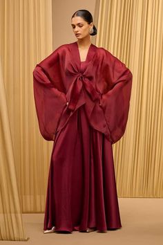 Wine shirt in organza fluid base with front tie-up knot detailing. - Aza Fashions Trousers Women Wide Leg, Wine Shirt, Tarun Tahiliani, Wine Shirts, Buy Wine, Satin Color, Shirt For Women, Online Tops, Shawl Collar