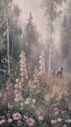 a painting of two horses running through a forest with flowers and trees in the foreground