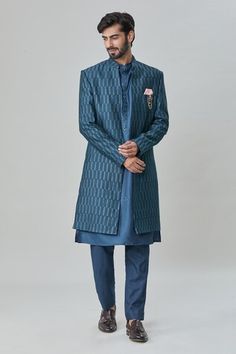 Teal blue sherwani with mirror, thread and sequins embroidery. Comes with pant and a kurta. - Aza Fashions Designer Blue Kurta For Transitional Seasons, Designer Blue Traditional Wear With Dabka Work, Designer Blue Traditional Wear For Reception, Designer Blue Sets With Dabka Detailing, Designer Blue Sherwani With Dabka Work, Designer Blue Traditional Wear For Festive Season, Blue Bandhgala With Mirror Work For Festive Occasions, Blue Bollywood Bandhgala With Mirror Work, Designer Blue Nehru Jacket For Diwali