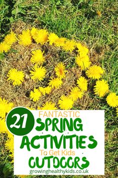 some yellow dandelions in the grass with text overlay reading fantastic spring activities to get kids outdoors