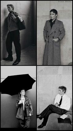 four black and white photos of men with umbrellas