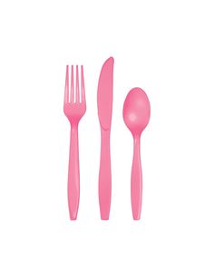 pink plastic utensils and spoons on a white background