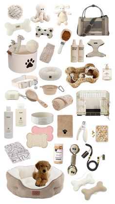 a collage of dog products and accessories including a bed, bathtub, toiletries, toys, and more