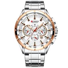 Color: Silver Gold White Wristwatch Fashion, Mens Sport Watches, Waterproof Watch, Blue Quartz, Quartz Clock, Men's Watches, Stainless Steel Band, Wristwatch Men, Sport Watches