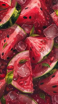 watermelon slices with leaves and drops of dew are shown in this artistic painting