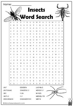 the insects word search is shown in this printable worksheet for kids to learn