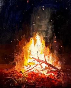 a painting of a fire with lots of flames coming out of it's sides