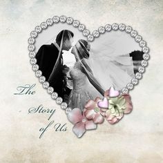 a wedding photo with flowers in the shape of a heart and words the story of us