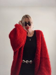 Trendy Red Winter Cardigan, Red Soft Knit Cardigan, Red Knit Sweater Coat For Winter, Casual Red Mohair Sweater, Red Knitted Sweater Coat For Winter, Cozy Red Knit Cardigan, Red Soft Knit Winter Outerwear, Winter Red Soft Knit Outerwear, One Size Red Winter Cardigan