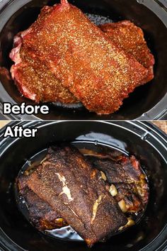 two pictures showing how to cook beef in the slow cooker