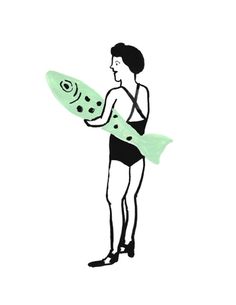 a drawing of a woman holding a surfboard