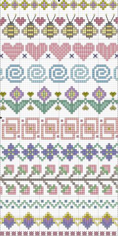 a cross stitch pattern with hearts and flowers on the side, in different shades of pink