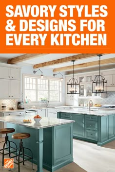 a kitchen with blue cabinets and an orange banner over it that says savory styles & designs for every kitchen