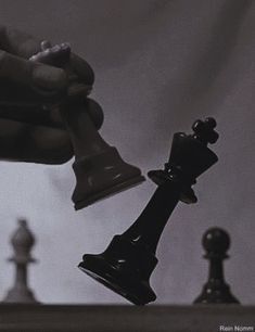 a hand holding a black and white chess piece next to a pawn's head