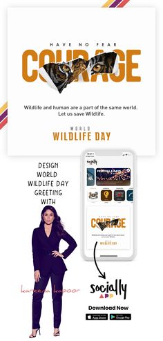 an advertisement for the wild life day with a woman standing in front of her phone