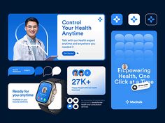 an advertisement for the health app, with medical icons and texting on blue background