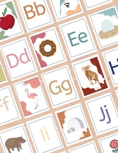 alphabets and numbers are arranged in rows on a pink background with various animals, letters, and shapes