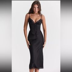 House Of Cb 'Salma' Black Satin Slip Dress/Size M-Us Elegant Knee-length Slip Dress With Lace Trim, Elegant Black Corset Dress With Spaghetti Straps, Fitted Black Slip Dress With Lace Trim, Black Sleeveless Slip Dress With Fitted Bodice, Black Dress With Lace Trim And Fitted Bodice, Elegant Black Slip Dress With Lace Trim, Black Dresses With Lace Trim And Fitted Bodice, Elegant Black Lace Trim Slip Dress, Black Satin Dress With Lace Trim