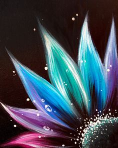 a painting of a blue and purple flower with drops of water on it's petals