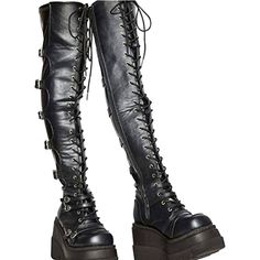 Punk / Goth Sexy Thigh High Leather Boots With Buckles All The Way Up The Back And And Traditional Shoe Tie Lacing All The Way Up The Front. P.S None Slip! Long Boots For Women, Winter Wedges, Thigh High Platform Boots, Platform Boots Women, Goth Boots, Dr Shoes, Buy Boots, Wedge Heel Boots, Black Platform Boots