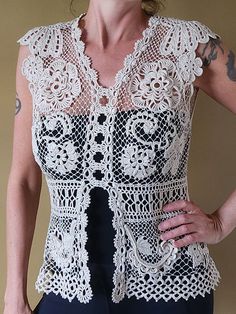 Handmade crochet Irish lace top. Made from "Artiste" Egyptian cotton thread.  Color - Antique (off-white). Size Medium. Fitted Summer Crochet Top In Cotton Lace, Fitted Crochet Cotton Lace Top For Summer, Fitted Cotton Lace Crochet Top For Summer, Sleeveless Crochet Trim Cotton Lace Top, White Vintage Crochet Cotton Top, Summer Cotton Lace Top With Lace Work, Fitted White Top With Crochet Lace, Fitted White Crochet Lace Blouse, White Cotton Lace Crochet Top For Summer