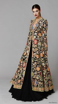 jani khosla 2015 bridal evening dress long sleeves exotica shalwar kameez lehenga embroidered velvet jacket gold gota multicolor resham Shurgs Designs, Dressy Clothes, Bulgarian Clothing, Evening Dress Long, Mode Kimono, Project Runway, Embroidery Motifs, Dusters, فستان سهرة