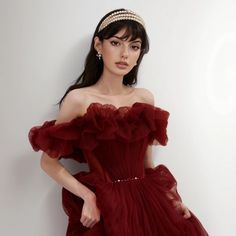 Olivia Mark - Red Shoulder Evening Gown Red Tulle Prom Dress, Tulle Long Prom Dress, Burgundy Evening Dress, Beaded Party Dress, Professional Dress, Tulle Evening Dress, Formal Dresses Short, Evening Dresses Elegant, Tulle Prom Dress