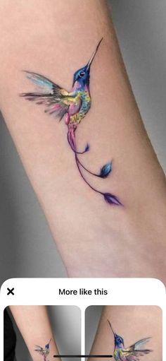 a small tattoo design on the arm with hummings flying around it and an arrow pointing up