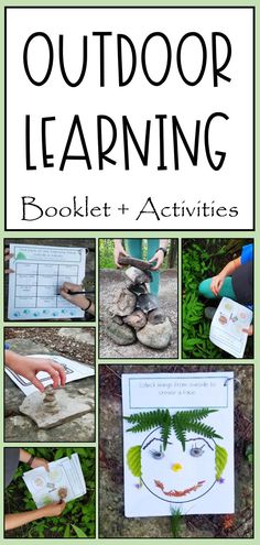 The pin shows six images of outdoor learning activities being done outside.  A rock tower, nature face, nature painting, and a checklist are all being done. Diy Treasure Hunt, Outdoor Education Activities, Outdoor Nature Activities, Rock Tower, Learning Outside, Nature Based Learning, Treasure Hunt For Kids, Forest School Activities