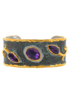 VICTOR VELYAN-Amethyst Diamond Cuff Bracelet-YELLOW GOLD Luxury Cuff Bracelet Bangle With Gemstone Accents, Luxury Yellow Gold Cuff Bracelet With Gemstone, Luxury Jeweled Yellow Gold Bracelets, Luxury Gold Cuff Bracelet With Multi-stones, Luxury Gold Multi-stone Cuff Bracelet, Formal Gemstone Cuff Bracelet In Bangle Shape, Luxury Yellow Gold Amethyst Bracelets, Formal Gemstone Bangle Cuff Bracelet, Formal Fine Jewelry Cuff Bracelet With Gemstone