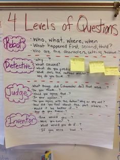 a white board with writing on it that says, 4 levels of questions who, what, where, when and why?