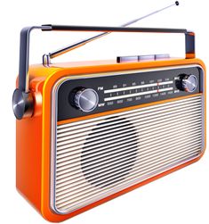 an orange and white radio on a black background