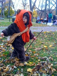 a little boy dressed up as a bear in a park with leaves on the ground