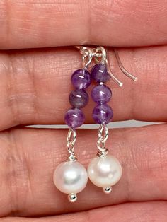 "5mm Purple amethyst gemstone and 6mm fresh water pearl 1.5\" dangle silver earrings. Hand made jewelry All purchase will arrive in gifts boxes Thanks for stopping by!" Purple Round Pearl Earrings For Gift, Purple Dangle Pearl Drop Earrings, Purple Pearl Drop Dangle Earrings, Purple Gemstone Round Bead Earrings, Purple Gemstone Earrings With Round Beads, Purple Pearl Drop Jewelry For Gift, Purple Gemstone Bead Dangle Earrings, Purple Gemstone Beads Dangle Earrings, Purple Dangle Earrings With Gemstone Beads