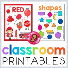 two classroom printables with the words red and shapes