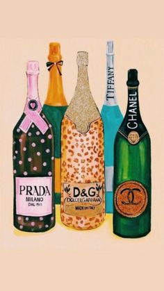 three different types of wine bottles are shown in this painting, one is green and the other is pink