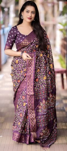 Purple and Violet color Saree in Art Silk, Silk fabric with Floral, Printed, Weaving, Zari work Party Wear Traditional, Saree Designs Party Wear, Violet Color, Zari Work, Color Art, Traditional Sarees, Party Wear Sarees, Blouse Length, Green Fashion