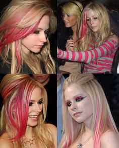 avril lavigne’s iconic pink hair streaks Colored Highlights On Blonde Hair, Punk 2000s Fashion, Pop Punk 2000s, 00s Hair, Punk 2000s, Pink Hair Streaks, 2000s Hair, Blonde Hair With Pink Highlights, Pink Blonde Hair