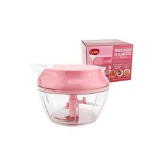 a pink food processor sitting next to a box