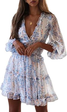 Dokotoo Womens Sun Casual V Neckline Long Sleeve Open Back Floral Print Mini Dress Bohemian Fashion Skater A Line Ruffle Hem Flowy Dresses White Large at Amazon Women’s Clothing store Gaun Fashion, Regal Design, Ruffle Long Sleeve, Dress Chiffon, Autumn Style, Short Mini Dress, Neck Ruffle