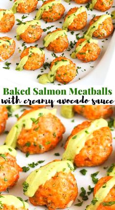 baked salmon meatballs with creamy avocado sauce on a white platter and in the background