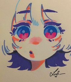 a drawing of a cat with blue eyes and purple hair is featured in this image