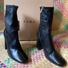 Thank You For Considering My Shop! For Sale: * Brand New Zara Black Leather High Heel Ankle Boot - Comes With Original Box * Size: Women's 5 * 4" Heel * Colors: Black With Silver Zipper Pull * Beautiful Design With Chunky Heel * Flawless Condition - Never Worn With Tags * Quality Rating: 10/10 Thanks Again For Stopping By (: Casual Faux Leather Mid-calf Boots With Block Heel, Trendy Leather Heels With Padded Ankle, Faux Leather High Ankle Heels, Trendy Ankle-high Leather Heels, Trendy Leather Mid-calf Spring Boots, Trendy Medium Width Ankle Boot Heels, Spring Faux Leather Boots With Padded Ankle, Trendy Leather Mid-calf Boots Of Medium Width, Ankle-high Medium Width Faux Leather Heeled Boots