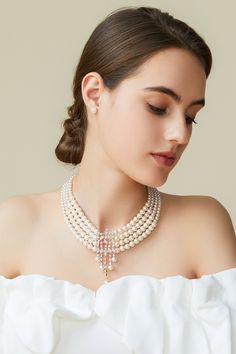 This sumptuous piece of jewelry features a retro-elegant yet slightly modern style that complements the lavish garments, reminiscent of the roaring 1920s. Features: Multi layer imitation pearls Rhinestone studded shimmering pattern Pearl strand lengths: 6.5", 6.9", 7.3", 7.9" 6-8mm pearls 1920 Accessories, Roaring 20s Jewelry, 20s Jewelry, Rose Gold Pearl Necklace, Flapper Accessories, Roaring 1920s, 1920s Jewelry, Layered Pearl Necklace, Bride Necklace