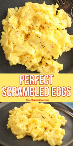 scrambled eggs on a plate with the words perfect scrambled eggs above them and below it